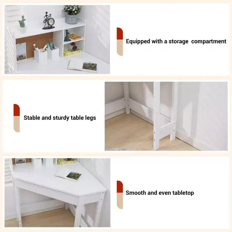Set Scrivania e Sedia GustoWave per Bambini, Tavolo Studio Angolare in Legno con Libreria, Bacheca e Portapenne, Tavolo da Scrittura, Bianco