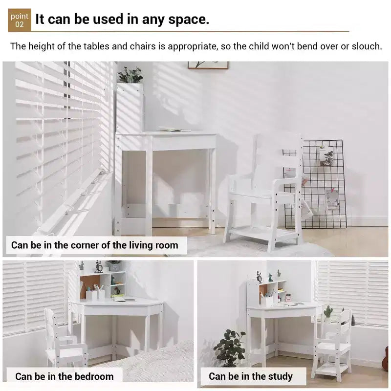 Set Scrivania e Sedia GustoWave per Bambini, Tavolo Studio Angolare in Legno con Libreria, Bacheca e Portapenne, Tavolo da Scrittura, Bianco