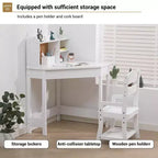 Set Scrivania e Sedia GustoWave per Bambini, Tavolo Studio Angolare in Legno con Libreria, Bacheca e Portapenne, Tavolo da Scrittura, Bianco