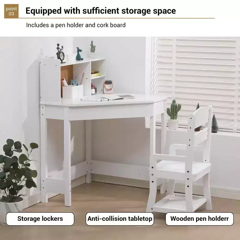 Set Scrivania e Sedia GustoWave per Bambini, Tavolo Studio Angolare in Legno con Libreria, Bacheca e Portapenne, Tavolo da Scrittura, Bianco
