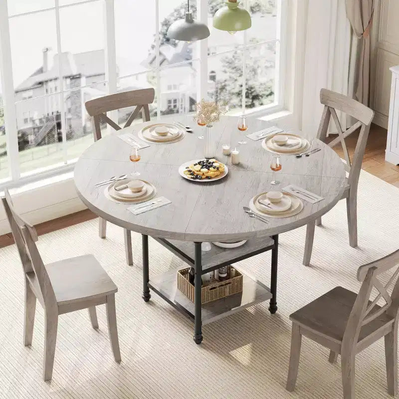Tavolo da pranzo rotondo da 120 cm per 4 persone, tavolo da cucina in legno con ripiani portaoggetti e gambe in metallo in stile romano per sala da pranzo, cucina, soggiorno (solo tavolo)