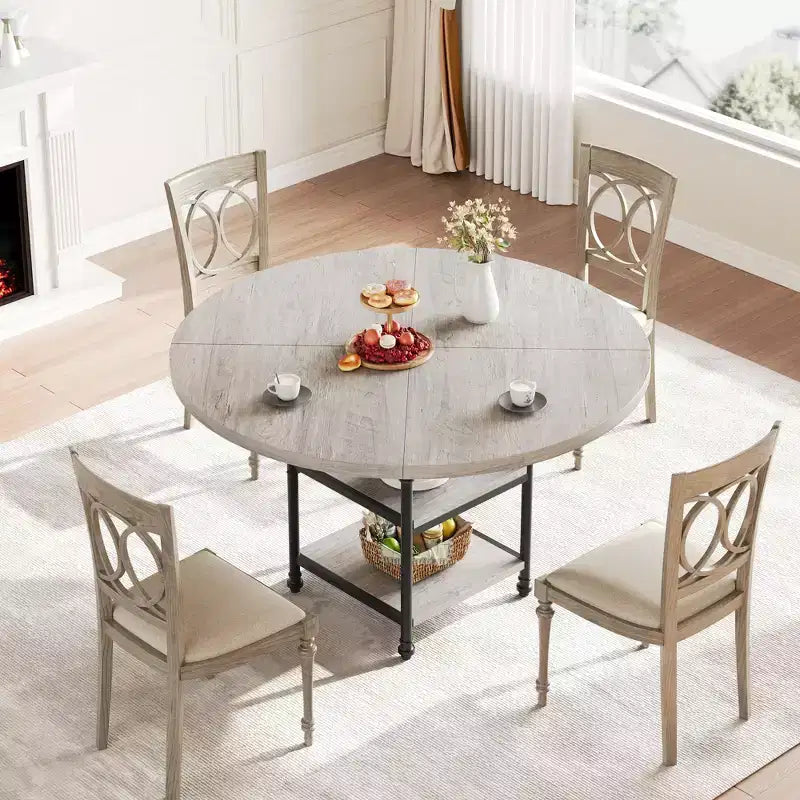 Tavolo da pranzo rotondo da 120 cm per 4 persone, tavolo da cucina in legno con ripiani portaoggetti e gambe in metallo in stile romano per sala da pranzo, cucina, soggiorno (solo tavolo)