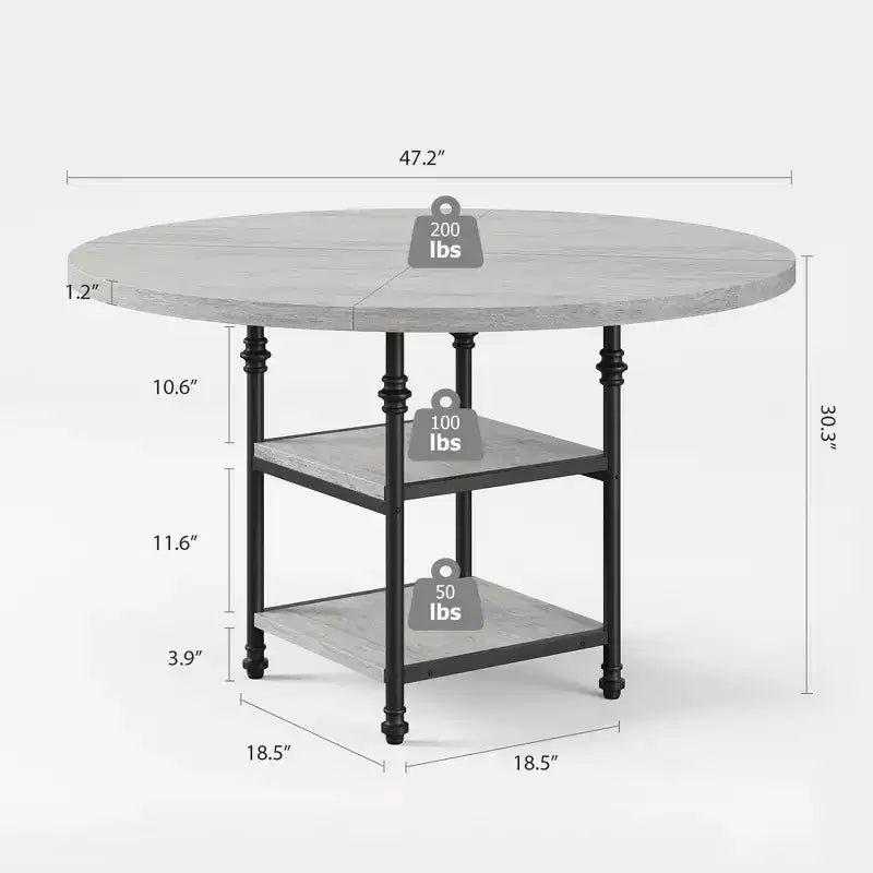 Tavolo da pranzo rotondo da 120 cm per 4 persone, tavolo da cucina in legno con ripiani portaoggetti e gambe in metallo in stile romano per sala da pranzo, cucina, soggiorno (solo tavolo)