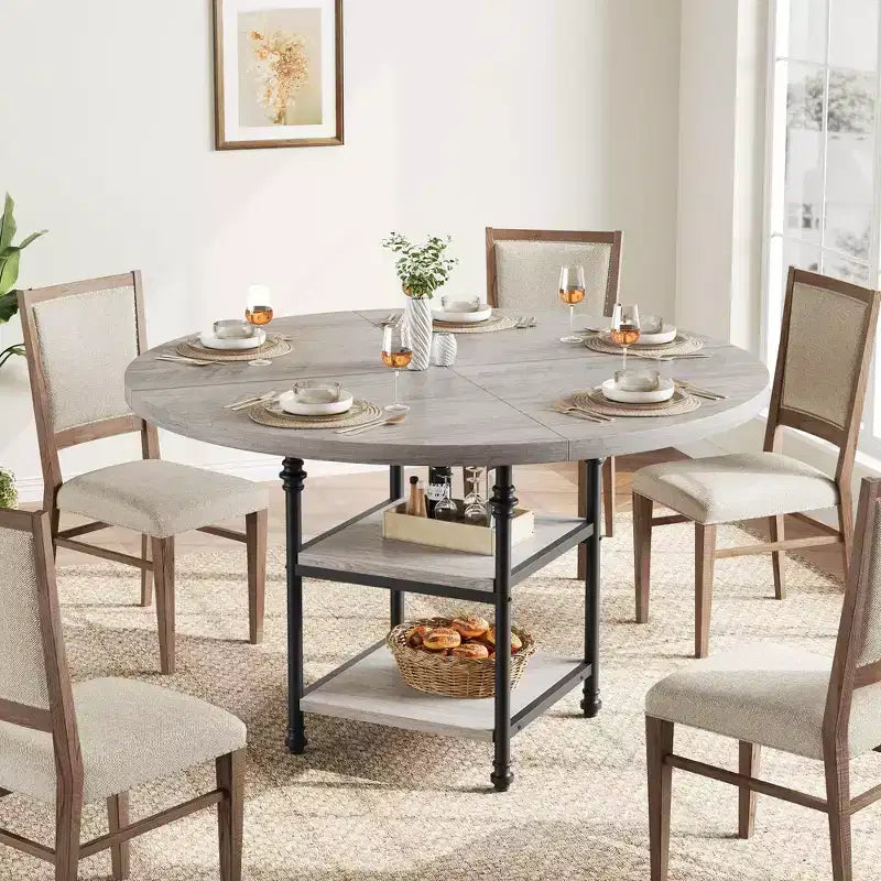 Tavolo da pranzo rotondo da 120 cm per 4 persone, tavolo da cucina in legno con ripiani portaoggetti e gambe in metallo in stile romano per sala da pranzo, cucina, soggiorno (solo tavolo)
