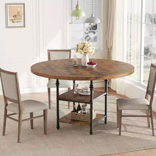 Tavolo da pranzo rotondo da 120 cm per 4 persone, tavolo da cucina in legno con ripiani portaoggetti e gambe in metallo in stile romano per sala da pranzo, cucina, soggiorno (solo tavolo)