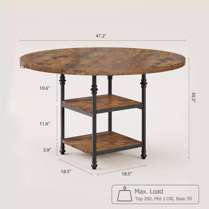 Tavolo da pranzo rotondo da 120 cm per 4 persone, tavolo da cucina in legno con ripiani portaoggetti e gambe in metallo in stile romano per sala da pranzo, cucina, soggiorno (solo tavolo)