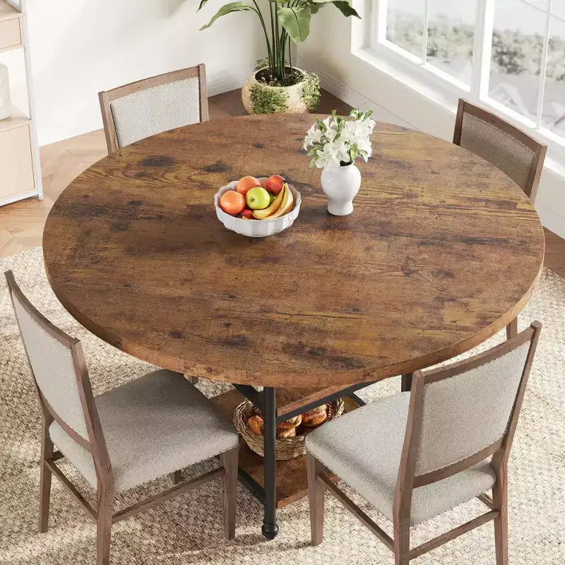 Tavolo da pranzo rotondo da 120 cm per 4 persone, tavolo da cucina in legno con ripiani portaoggetti e gambe in metallo in stile romano per sala da pranzo, cucina, soggiorno (solo tavolo)
