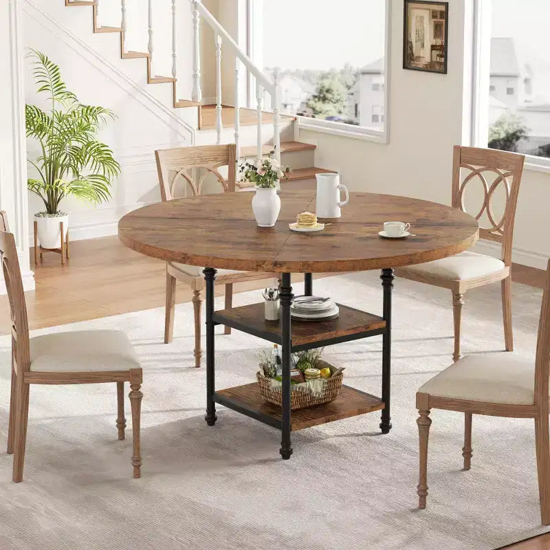 47 in Round Dining Table for 4, Wooden Kitchen Table with Storage Shelves & Roman Metal Legs for Dining Room, Kitchen, Living Room (Table Only)