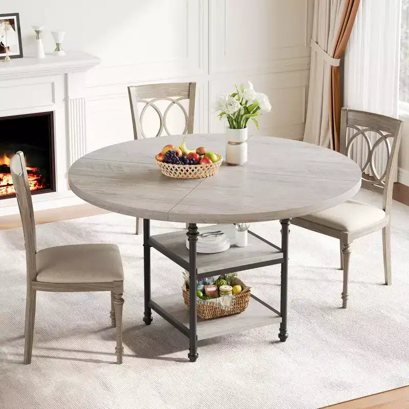 Tavolo da pranzo rotondo da 120 cm per 4 persone, tavolo da cucina in legno con ripiani portaoggetti e gambe in metallo in stile romano per sala da pranzo, cucina, soggiorno (solo tavolo)