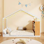 Letto a casetta in metallo per bambini, struttura letto a pavimento con mensole e luci per bambini e adulti