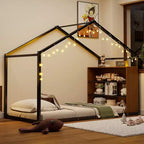Letto a casetta in metallo per bambini, struttura letto a pavimento con mensole e luci per bambini e adulti