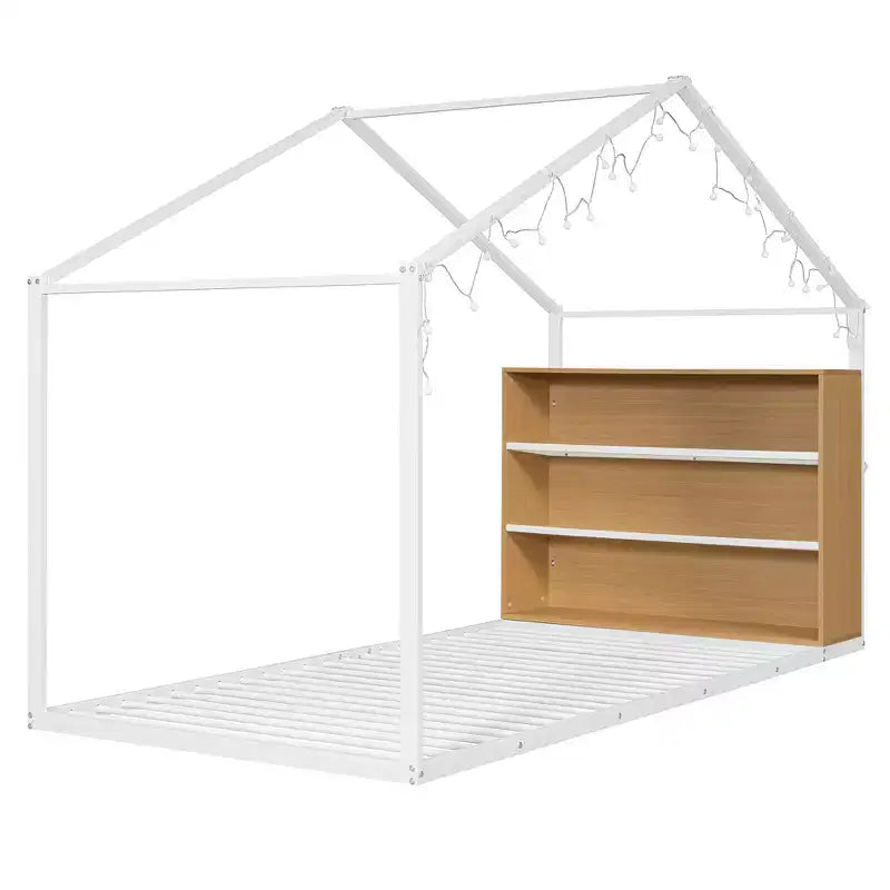 Letto a casetta in metallo per bambini, struttura letto a pavimento con mensole e luci per bambini e adulti