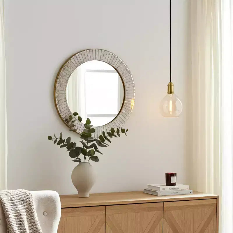 Round Mirror Textured Frame - Gold Metallic Finish - Modern Style for Home, Office, Bedroom, or Living Room Wall Decor