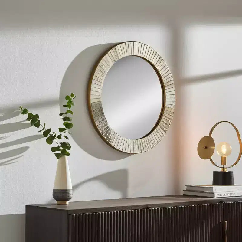 Specchio Rotondo con Cornice Testurizzata - Finitura Oro Metallizzato - Stile Moderno per la Decorazione di Pareti di Casa, Ufficio, Camera da Letto o Soggiorno