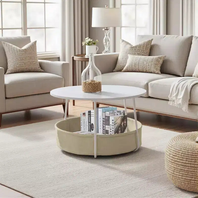 Tavolino rotondo a 2 livelli FurnitureR con cesto portaoggetti in tessuto, tavolino moderno da 75 cm per soggiorno, camera da letto, ufficio, bianco/cammello