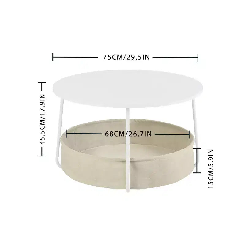 Tavolino rotondo a 2 livelli FurnitureR con cesto portaoggetti in tessuto, tavolino moderno da 75 cm per soggiorno, camera da letto, ufficio, bianco/cammello