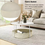 Tavolino rotondo a 2 livelli FurnitureR con cesto portaoggetti in tessuto, tavolino moderno da 75 cm per soggiorno, camera da letto, ufficio, bianco/cammello