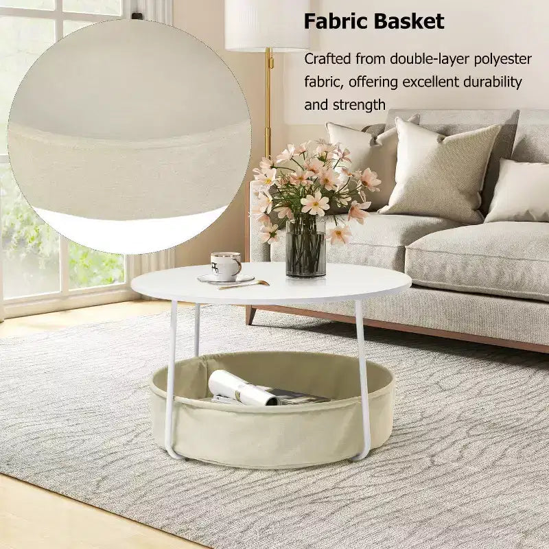 Tavolino rotondo a 2 livelli FurnitureR con cesto portaoggetti in tessuto, tavolino moderno da 75 cm per soggiorno, camera da letto, ufficio, bianco/cammello