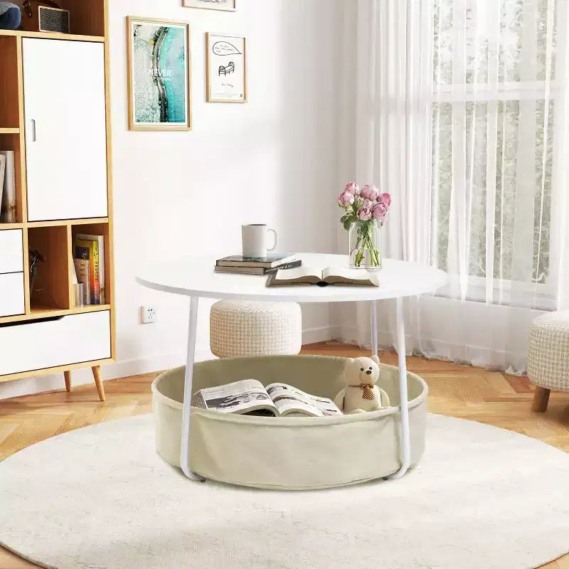 Tavolino rotondo a 2 livelli FurnitureR con cesto portaoggetti in tessuto, tavolino moderno da 75 cm per soggiorno, camera da letto, ufficio, bianco/cammello