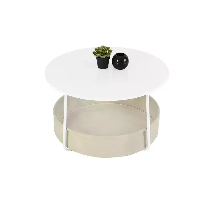 Tavolino rotondo a 2 livelli FurnitureR con cesto portaoggetti in tessuto, tavolino moderno da 75 cm per soggiorno, camera da letto, ufficio, bianco/cammello
