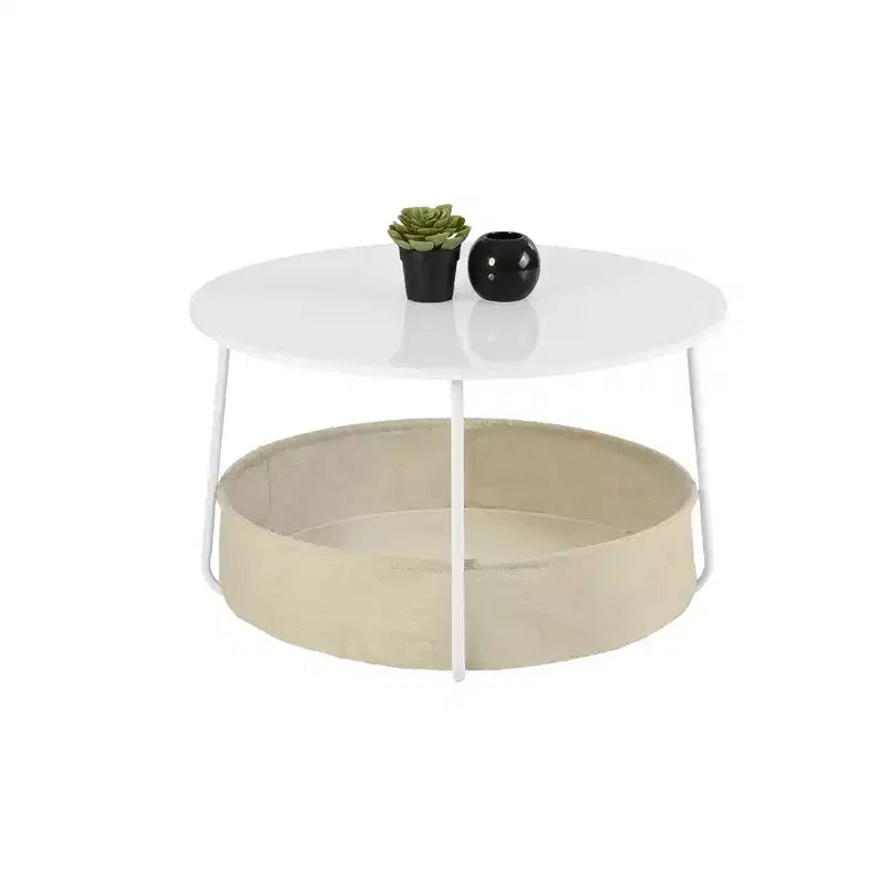 Tavolino rotondo a 2 livelli FurnitureR con cesto portaoggetti in tessuto, tavolino moderno da 75 cm per soggiorno, camera da letto, ufficio, bianco/cammello