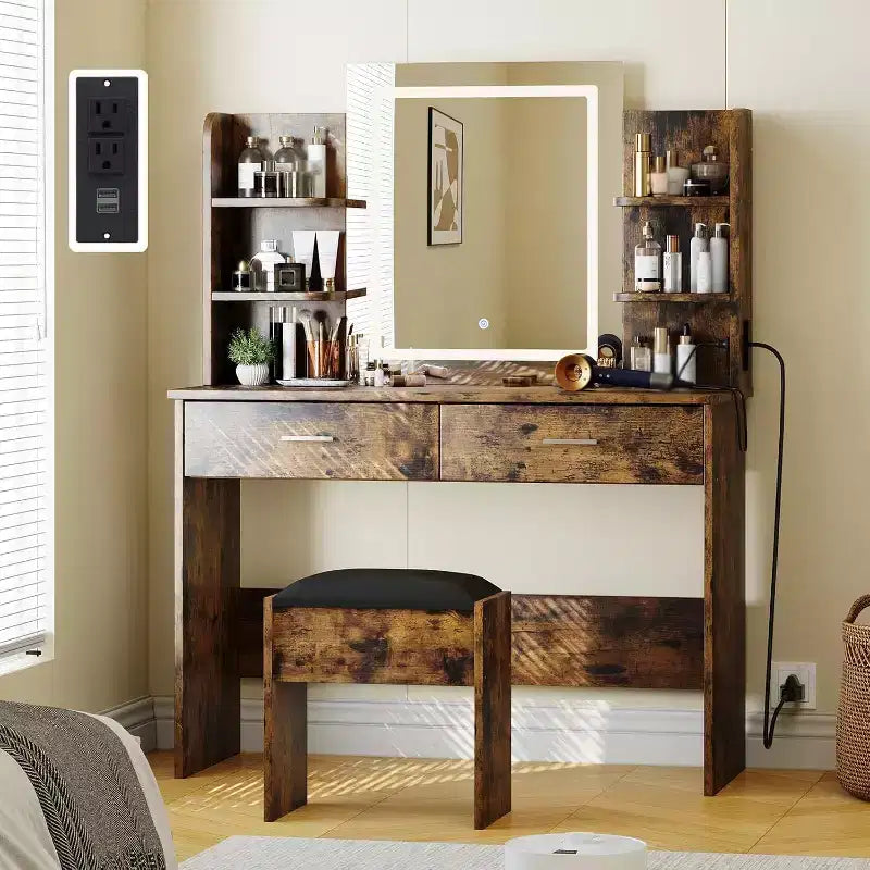 Acekool Vanity Desk with Lighted Mirror, Stool, Power Outlet, 6 Shelves, 2 Large Drawers, 3-Color Adjustable LED, Makeup Vanity for Bedroom,
