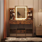 Acekool Toeletta con specchio illuminato, sgabello, presa di corrente, 6 ripiani, 2 cassetti grandi, LED regolabile a 3 colori, toeletta da trucco per camera da letto,