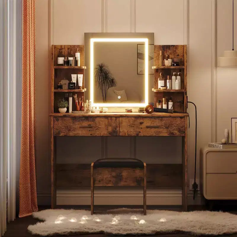Acekool Toeletta con specchio illuminato, sgabello, presa di corrente, 6 ripiani, 2 cassetti grandi, LED regolabile a 3 colori, toeletta da trucco per camera da letto,