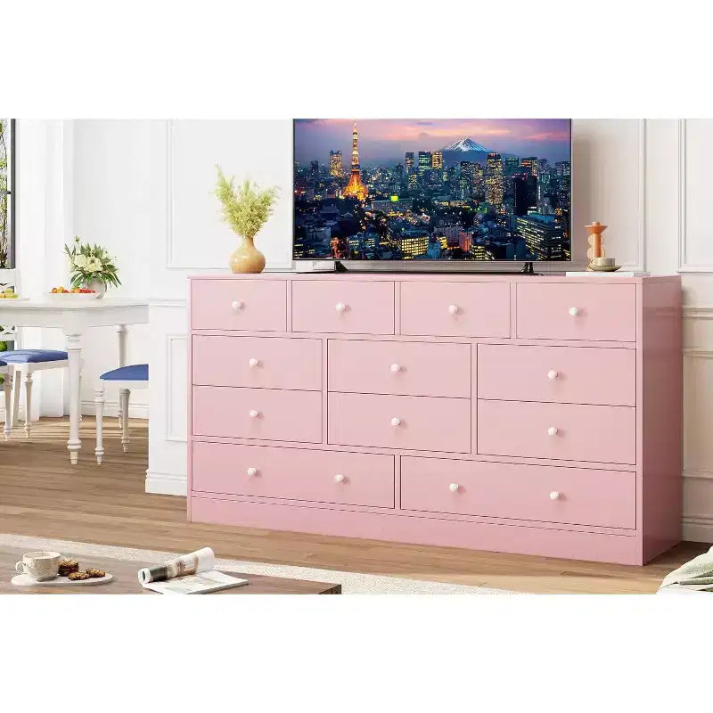 Comò a 12 cassetti, mobile TV da 155 cm con stazione di ricarica, grandi cassetti in legno per camera da letto, armadio, soggiorno, rosa