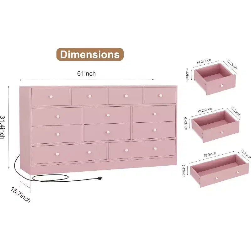 Comò a 12 cassetti, mobile TV da 155 cm con stazione di ricarica, grandi cassetti in legno per camera da letto, armadio, soggiorno, rosa