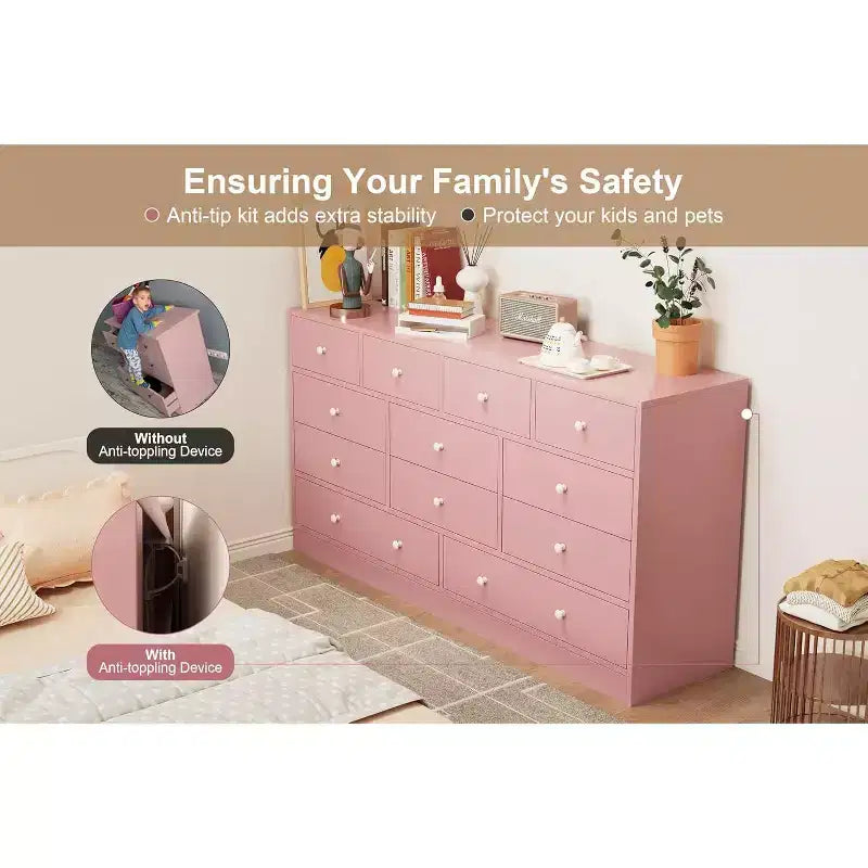 Comò a 12 cassetti, mobile TV da 155 cm con stazione di ricarica, grandi cassetti in legno per camera da letto, armadio, soggiorno, rosa