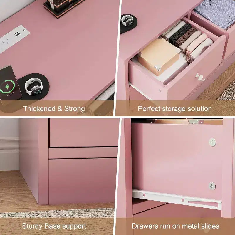 Comò a 12 cassetti, mobile TV da 155 cm con stazione di ricarica, grandi cassetti in legno per camera da letto, armadio, soggiorno, rosa