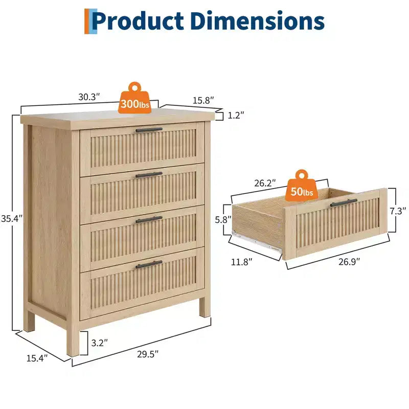 COZONY Cassettiera con scanalature 4 cassetti Contenitore in legno ingegnerizzato Organizer per camera da letto Soggiorno Corridoio