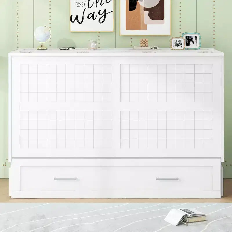 Queen Size Murphy Bed Wall Bed with Storage Drawer, Cabinet Bed Folding Wall Bed with Shelves for Guest Room Bedroom Office, White