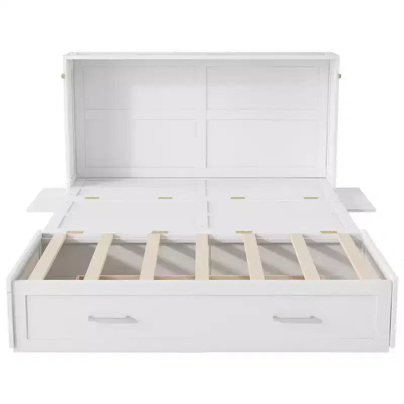 Letto a scomparsa Queen Size con cassetto contenitore, Letto a scomparsa con armadietto pieghevole e ripiani per Camera degli Ospiti, Camera da letto, Ufficio, Bianco