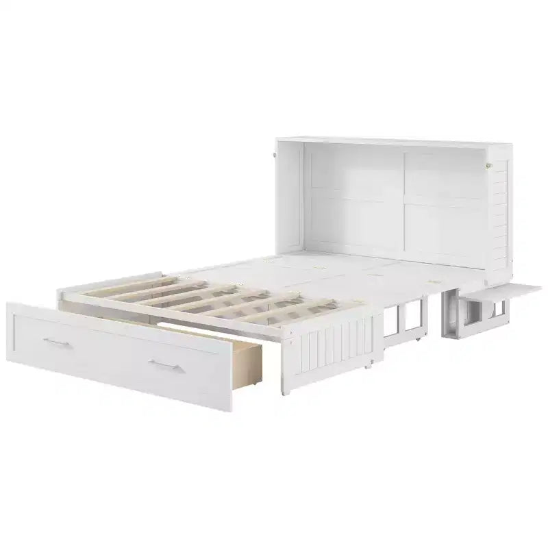 Letto a scomparsa Queen Size con cassetto contenitore, Letto a scomparsa con armadietto pieghevole e ripiani per Camera degli Ospiti, Camera da letto, Ufficio, Bianco