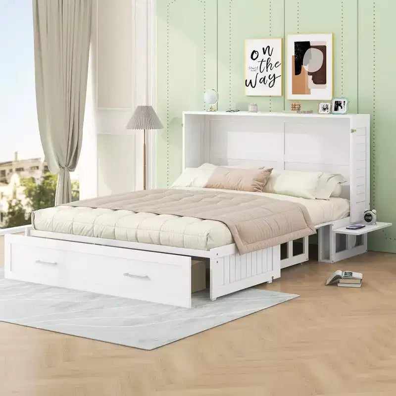 Letto a scomparsa Queen Size con cassetto contenitore, Letto a scomparsa con armadietto pieghevole e ripiani per Camera degli Ospiti, Camera da letto, Ufficio, Bianco