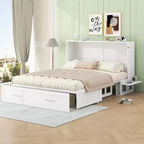 Letto a scomparsa Queen Size con cassetto contenitore, Letto a scomparsa con armadietto pieghevole e ripiani per Camera degli Ospiti, Camera da letto, Ufficio, Bianco