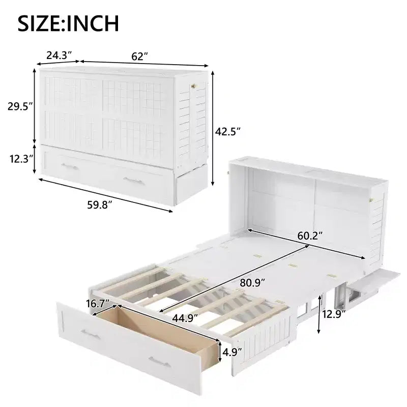 Letto a scomparsa Queen Size con cassetto contenitore, Letto a scomparsa con armadietto pieghevole e ripiani per Camera degli Ospiti, Camera da letto, Ufficio, Bianco