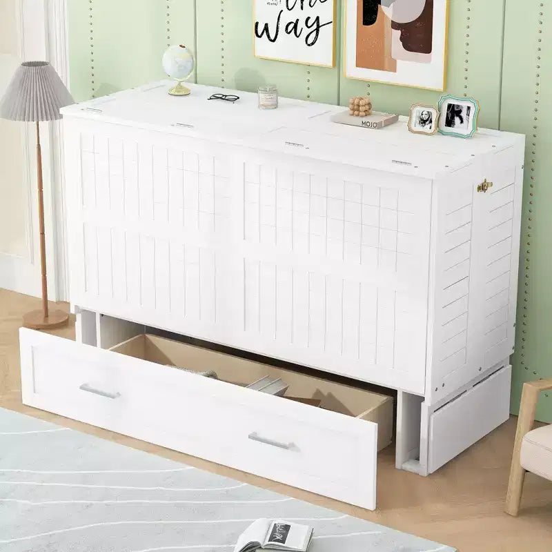Letto a scomparsa Queen Size con cassetto contenitore, Letto a scomparsa con armadietto pieghevole e ripiani per Camera degli Ospiti, Camera da letto, Ufficio, Bianco