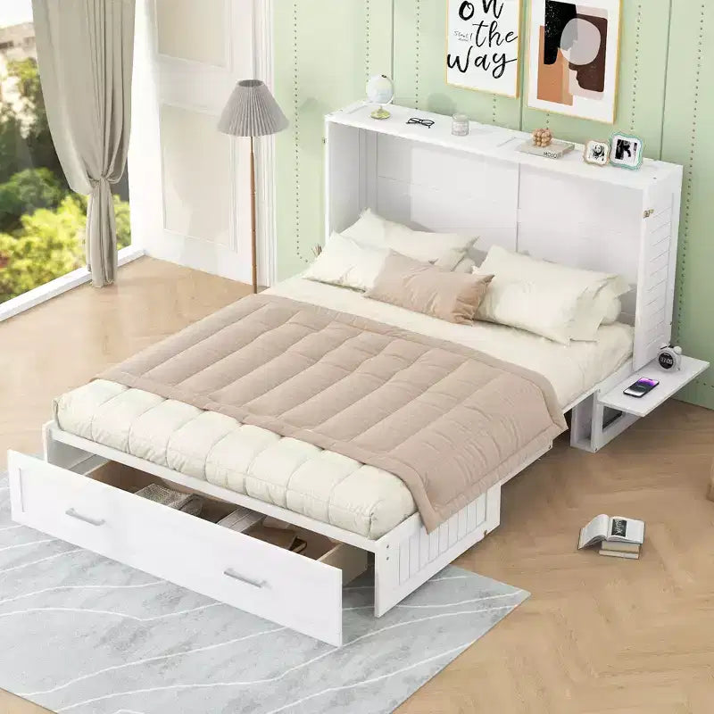 Letto a scomparsa Queen Size con cassetto contenitore, Letto a scomparsa con armadietto pieghevole e ripiani per Camera degli Ospiti, Camera da letto, Ufficio, Bianco