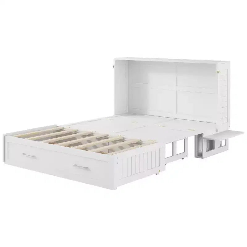 Letto a scomparsa Queen Size con cassetto contenitore, Letto a scomparsa con armadietto pieghevole e ripiani per Camera degli Ospiti, Camera da letto, Ufficio, Bianco