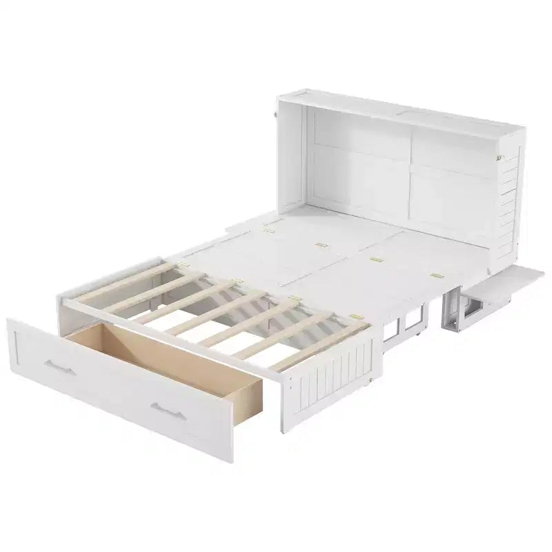 Letto a scomparsa Queen Size con cassetto contenitore, Letto a scomparsa con armadietto pieghevole e ripiani per Camera degli Ospiti, Camera da letto, Ufficio, Bianco