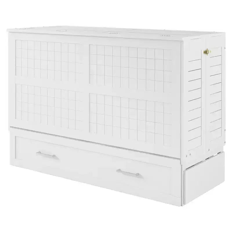 Letto a scomparsa Queen Size con cassetto contenitore, Letto a scomparsa con armadietto pieghevole e ripiani per Camera degli Ospiti, Camera da letto, Ufficio, Bianco