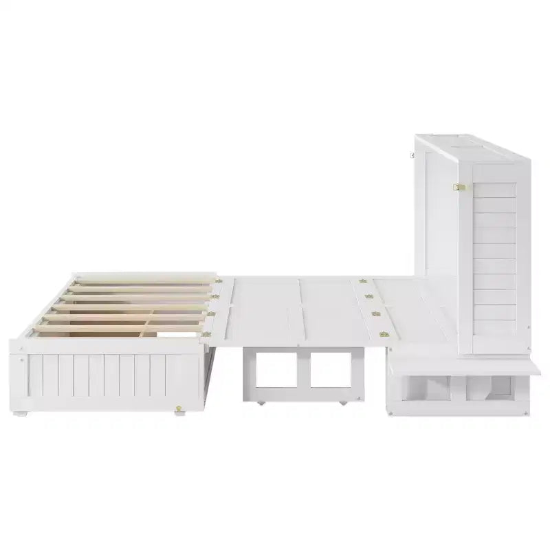Letto a scomparsa Queen Size con cassetto contenitore, Letto a scomparsa con armadietto pieghevole e ripiani per Camera degli Ospiti, Camera da letto, Ufficio, Bianco