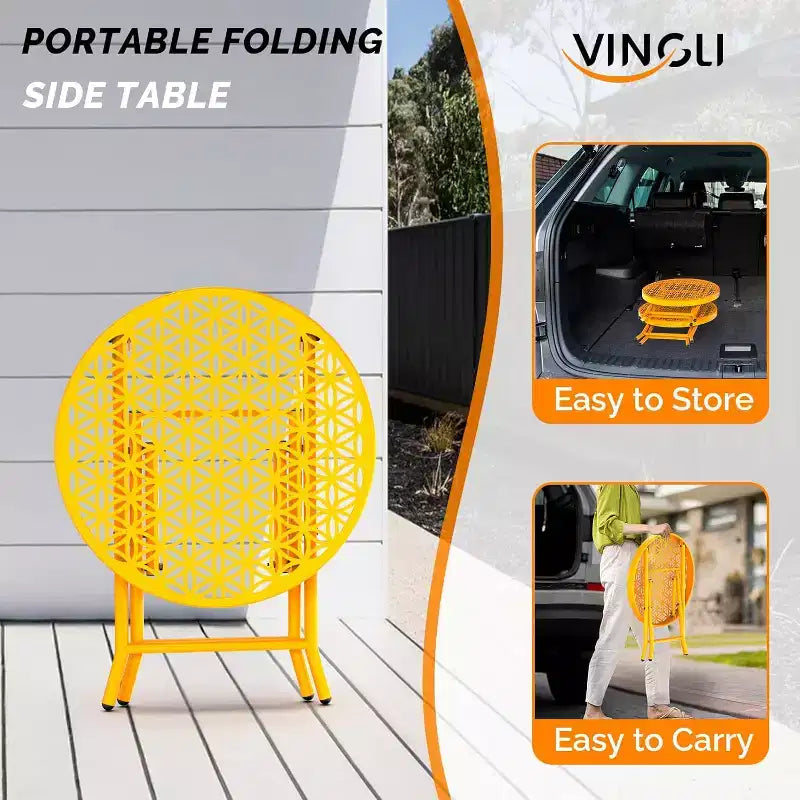 VINGLI Tavolino Laterale Pieghevole da Patio, Piccolo Tavolino da Esterno con Motivo Floreale Intramontabile e Robusta Struttura in Metallo a X Ideale, Giallo, 1 Confezione
