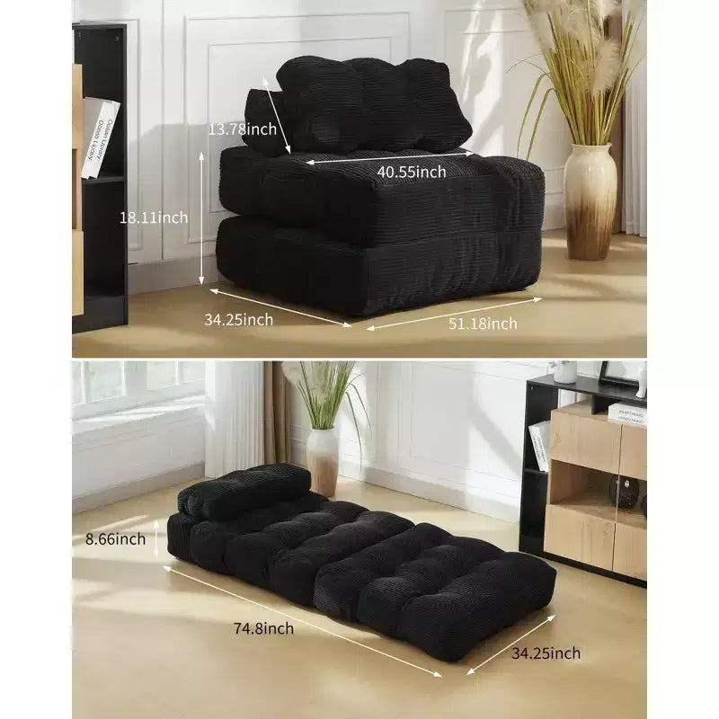 Divano Letto Pieghevole Convertibile 3-in-1 con Cuscino Materasso Pieghevole con Schienale, Comoda Poltrona Letto Portatile Divano da Terra per Soggiorno