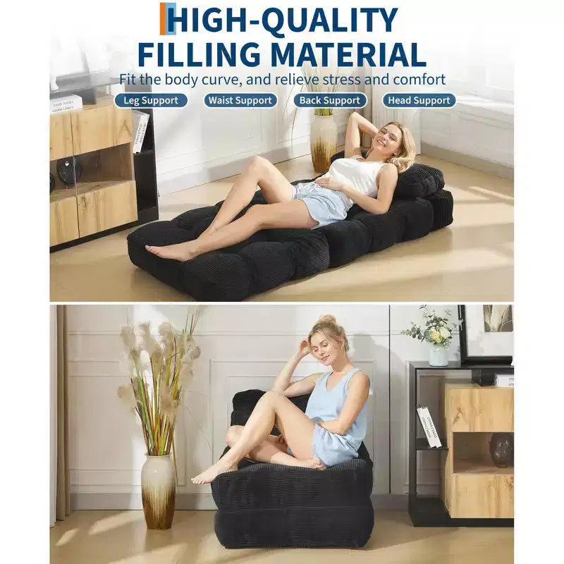 Divano Letto Pieghevole Convertibile 3-in-1 con Cuscino Materasso Pieghevole con Schienale, Comoda Poltrona Letto Portatile Divano da Terra per Soggiorno