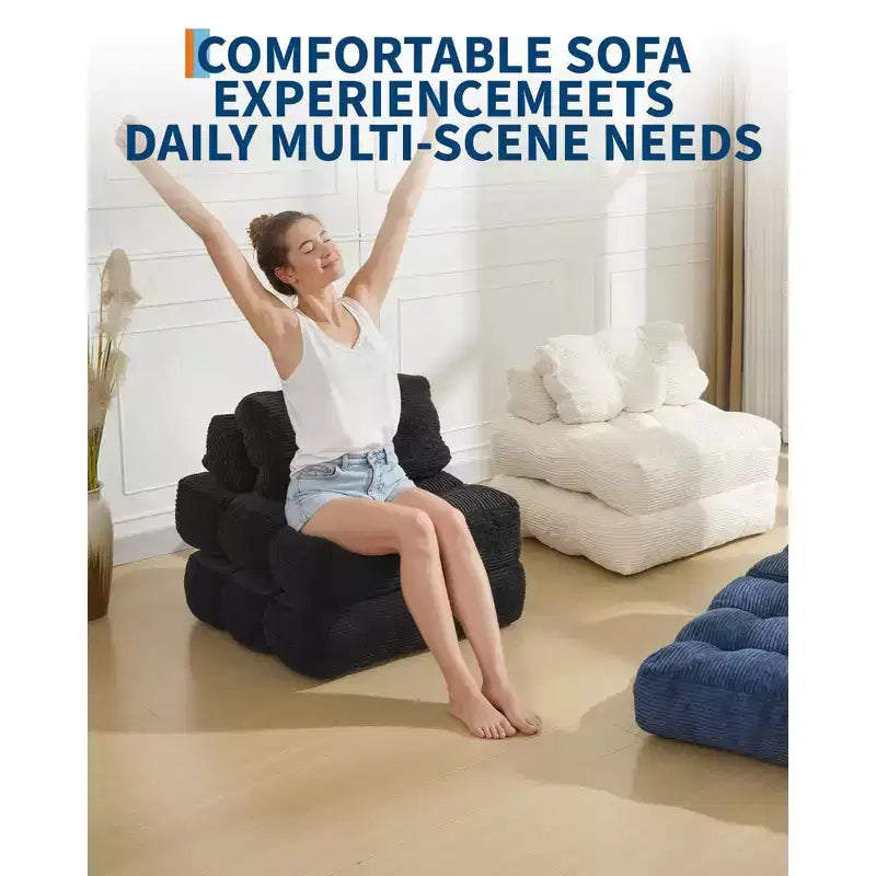 Divano Letto Pieghevole Convertibile 3-in-1 con Cuscino Materasso Pieghevole con Schienale, Comoda Poltrona Letto Portatile Divano da Terra per Soggiorno
