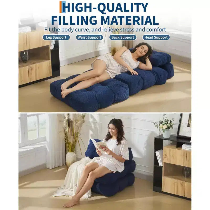Divano Letto Pieghevole Convertibile 3-in-1 con Cuscino Materasso Pieghevole con Schienale, Comoda Poltrona Letto Portatile Divano da Terra per Soggiorno